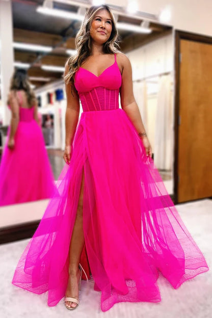 Wholesale Fuchsia V-Neck Evening Dress Sheer Bodice A-Line Long Prom Dress with Slit