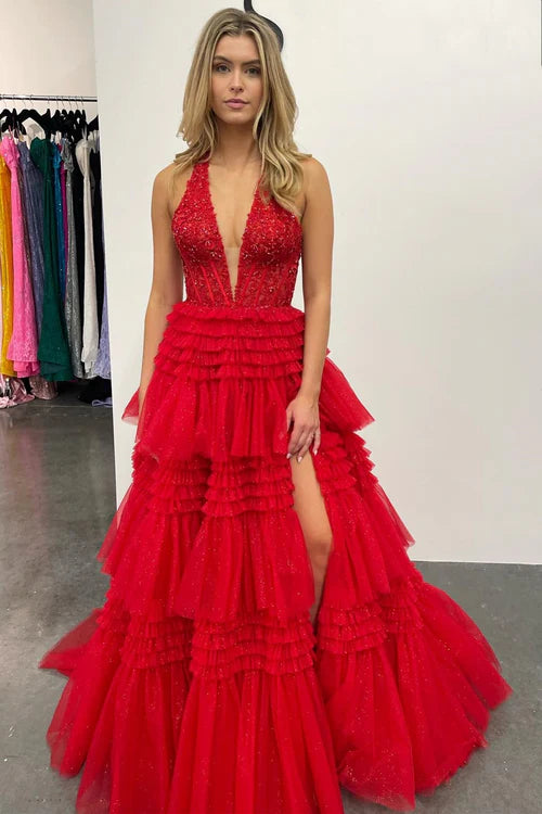 Wholesale Prom Dresses Red Evening Dress Tulle Appliques Halter Ruffle Tiered Ball Gown