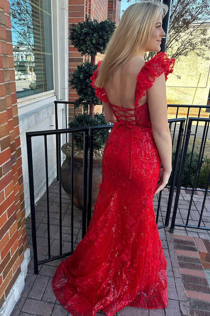 Wholesale Red Evening Dress Appliques Sweetheart Flutter Sleeve Mermaid Long Prom Dress