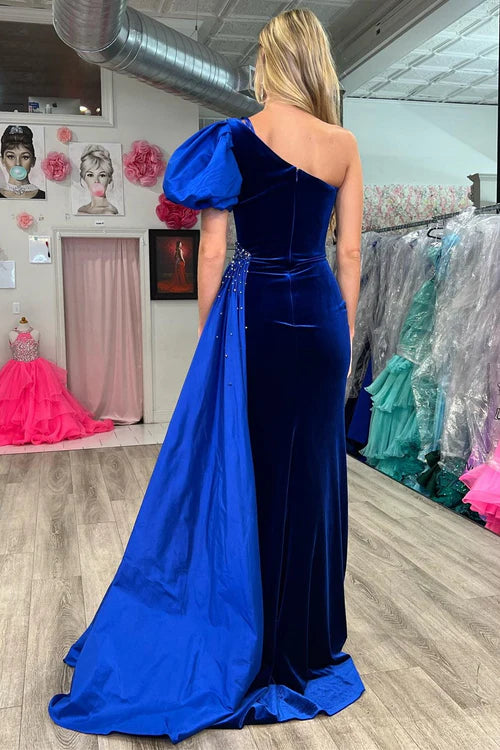 Wholesale Royal Blue Evening Dress Velvet One-Shoulder Long Prom Dresses Formal Dress with Attached Train