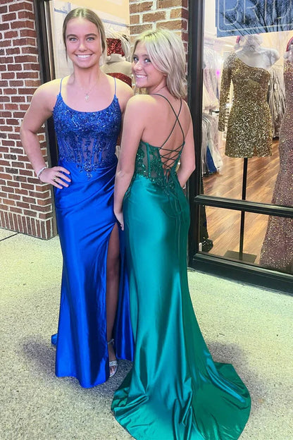 Wholesale Royal Blue Appliques Scoop Neck Mermaid Evening Dress Long Formal Dress