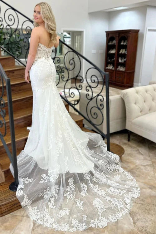 Wholesale Elegant Lace White Strapless Appliques Mermaid Long Wedding Dress