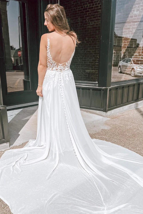 Wholesale Elegant White Appliques Plunge V Open Back Long Wedding Dress