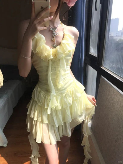 Aimishang Sweet Yellow A Line Chiffon Ruffle Sleeveless Short Birthday Party Dress Lovely Homecoming Dress