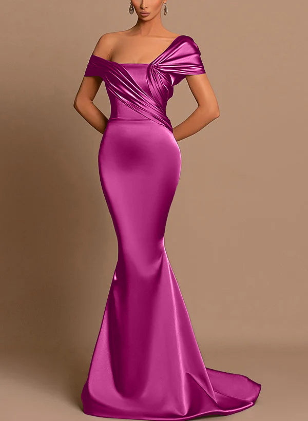 Asymmetrical Short Sleeves Silk Like Satin Bridesmaid Dresses Trumpet/Mermaid Style Evening Dress