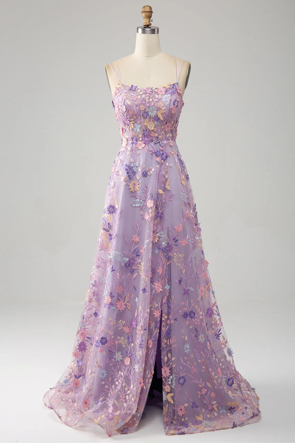 Aimishang Elegant A-Line Spaghetti Straps Long Prom Dress with Appliques Blue Flower Charming Evening Party Dress