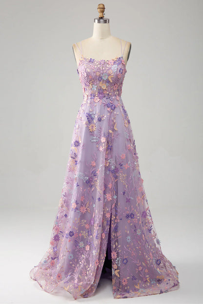 Aimishang Elegant A-Line Spaghetti Straps Long Prom Dress with Appliques Blue Flower Charming Evening Party Dress
