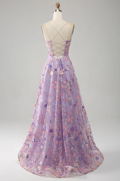 Aimishang Elegant A-Line Spaghetti Straps Long Prom Dress with Appliques Blue Flower Charming Evening Party Dress