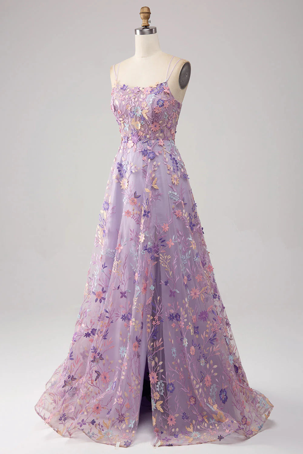 Aimishang Elegant A-Line Spaghetti Straps Long Prom Dress with Appliques Blue Flower Charming Evening Party Dress