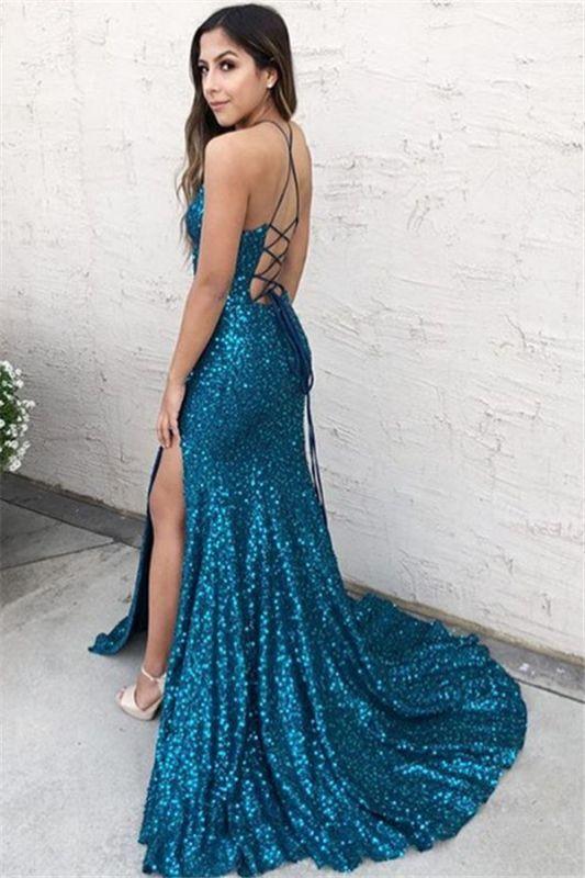 Wholesale Evening Dresses Mermaid Long Sequin Backless Beads Prom Dresses With Side-Slit