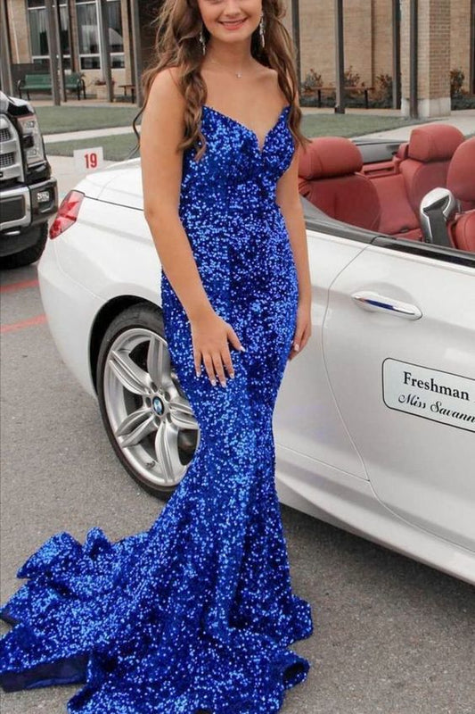 Wholesale Prom Dresses Deep V-Neck Open Back Mermaid Sequins Backless