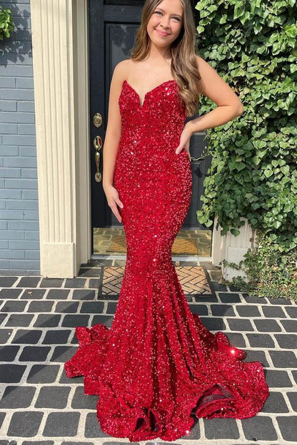 Wholesale Mermaid Sequins Strapless Sweep Train Prom Dresses