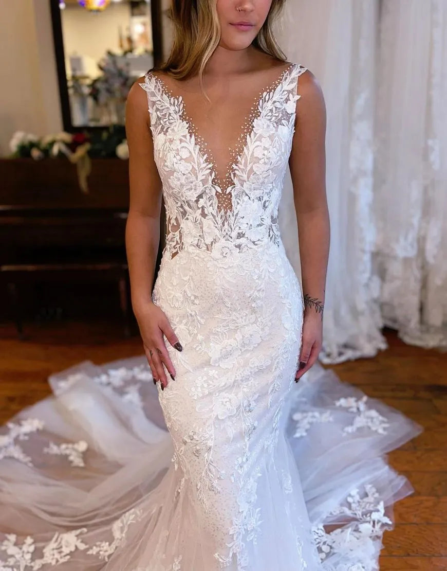 Wholesale Wedding Dress Mermaid Deep V-Neck Chapel Train With Appliques