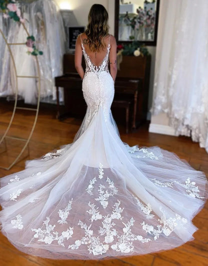 Wholesale Wedding Dress Mermaid Deep V-Neck Chapel Train With Appliques