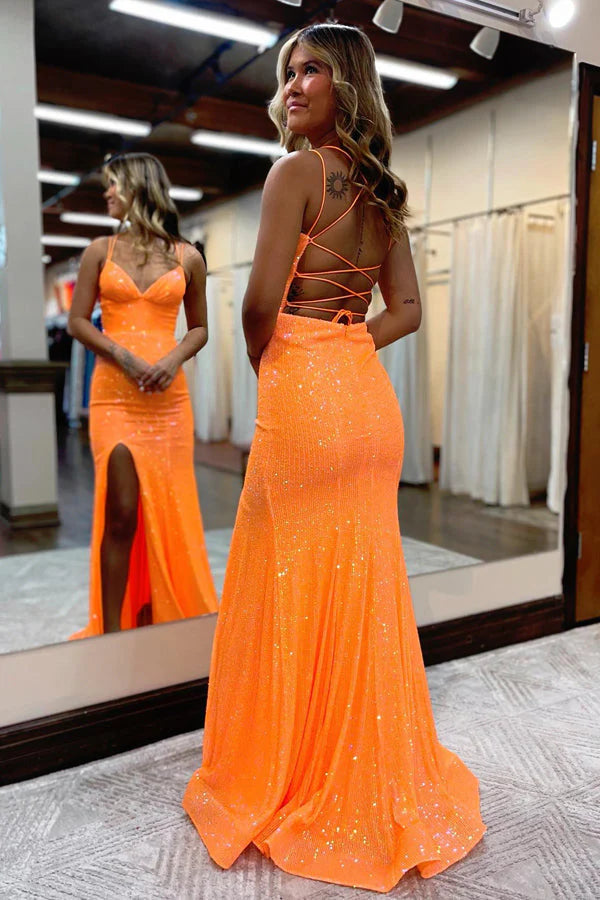 Wholesale Sparkly Orange Sequins Evening Dress Mermaid Long Prom Dress