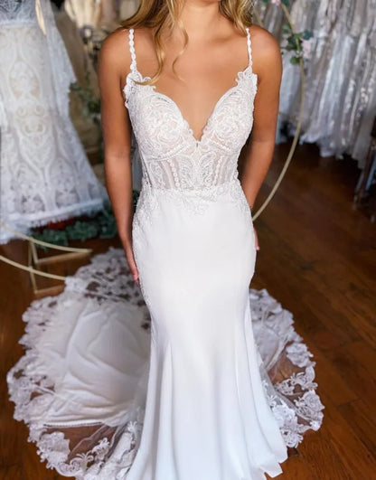 Wholesale Mermaid Wedding Dress Spaghetti Straps Stretch Satin With Appliques