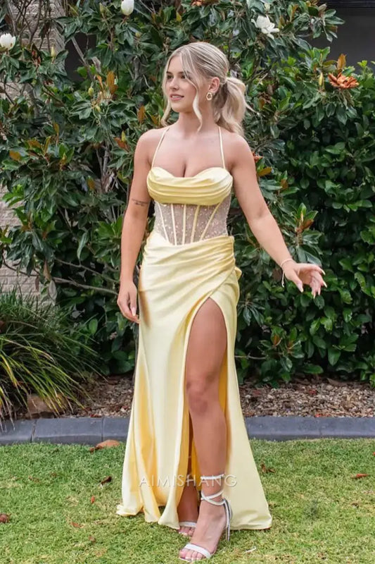 Aimishang Mermaid Spaghetti Straps Sleeveless Long Formal Prom Dress With Slit Charming Evening Gown Sexy Party Dress