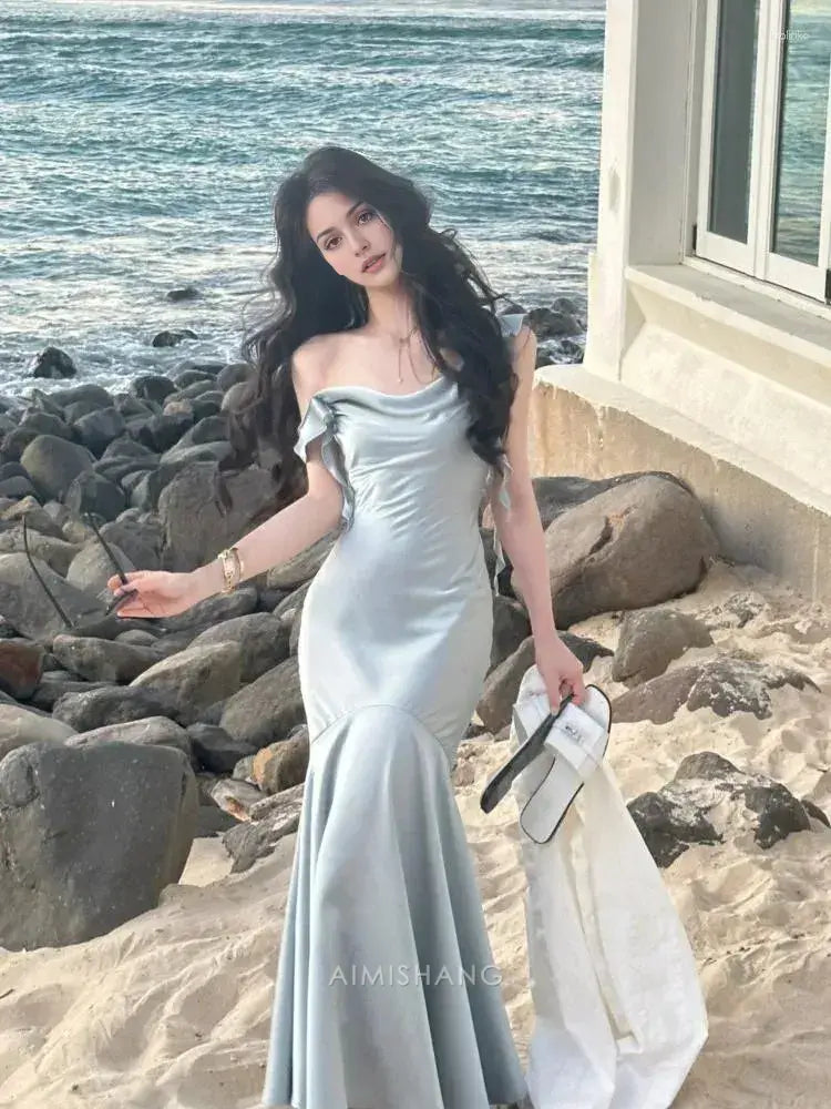 Aimishang Blue Mermaid Stylish Ruffled Sleeveless Formal Prom Dress Lovely Graduation Dress Elegant Evening Party Dress