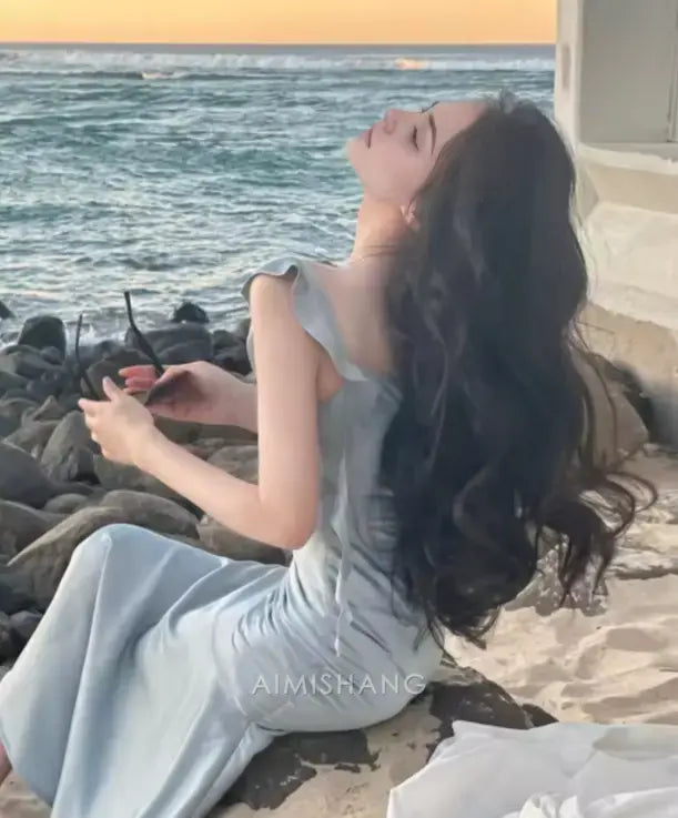 Aimishang Blue Mermaid Stylish Ruffled Sleeveless Formal Prom Dress Lovely Graduation Dress Elegant Evening Party Dress
