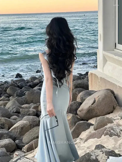 Aimishang Blue Mermaid Stylish Ruffled Sleeveless Formal Prom Dress Lovely Graduation Dress Elegant Evening Party Dress