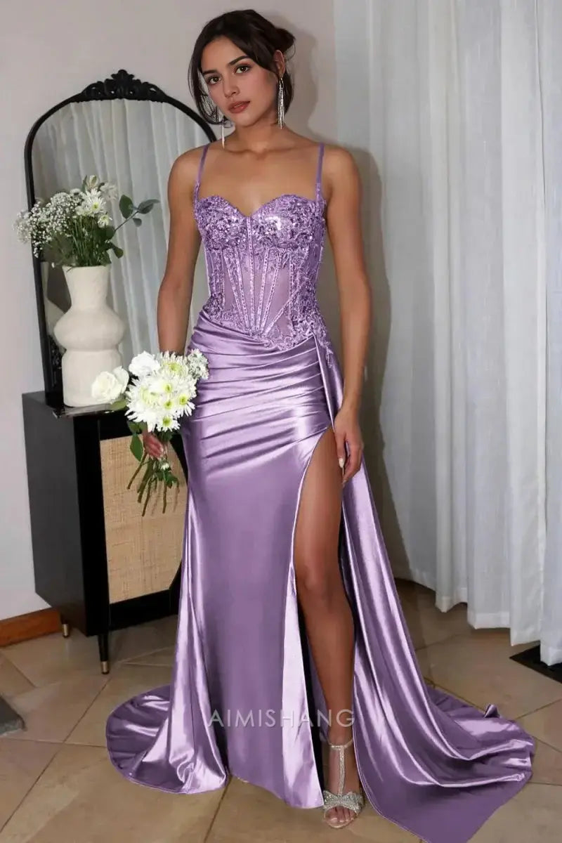 Aimishang Mermaid Sweetheart Spaghetti Straps Long Formal Prom Dress Charming Evening Gown Sexy Party Dress with Appliques