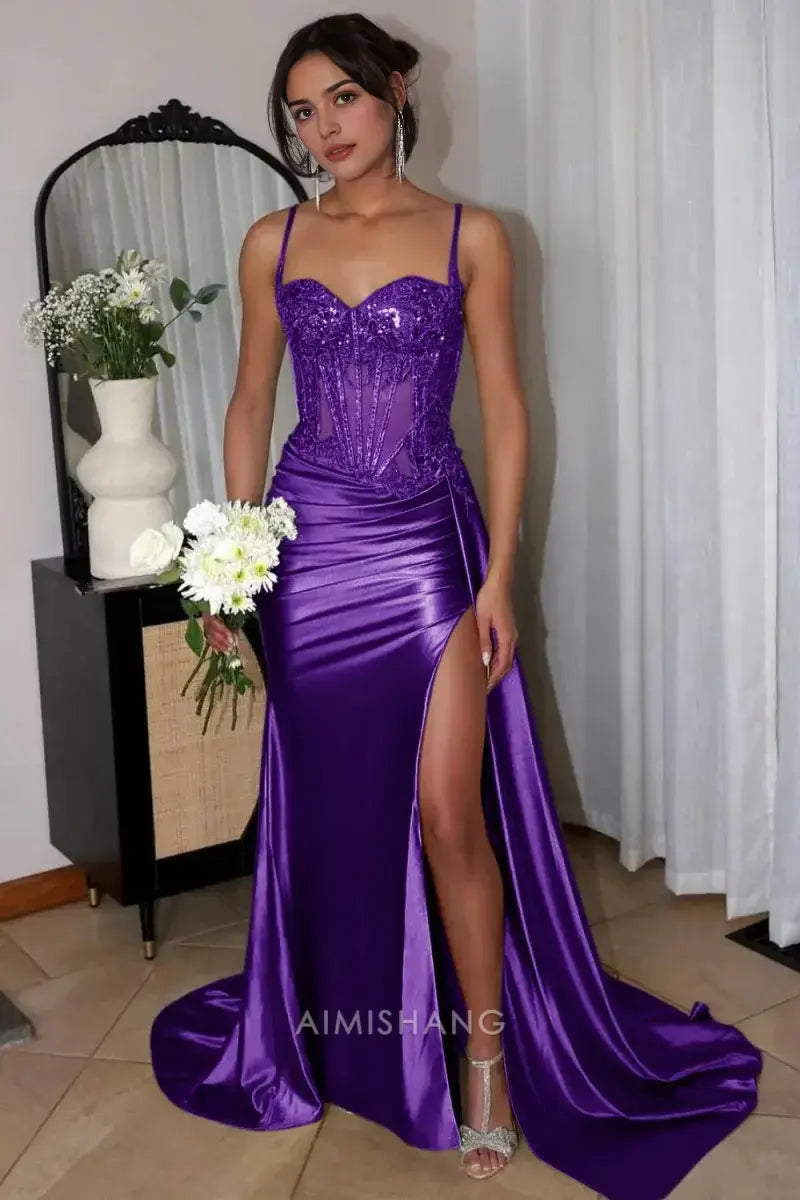 Aimishang Mermaid Sweetheart Spaghetti Straps Long Formal Prom Dress Charming Evening Gown Sexy Party Dress with Appliques