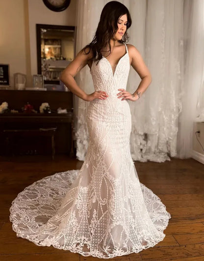 Wholesale Wedding Dress Mermaid V-Neck Court Train Lace Spaghetti Straps