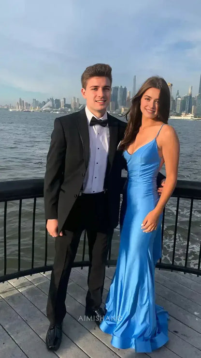 Aimishang Mermaid Blue V-neck Spaghetti Straps Backless Sleeveless Long Formal Prom Dress Sexy Evening Gowns Charming Party Graduation Dress