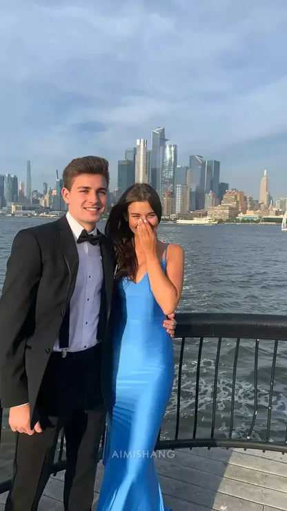 Aimishang Mermaid Blue V-neck Spaghetti Straps Backless Sleeveless Long Formal Prom Dress Sexy Evening Gowns Charming Party Graduation Dress