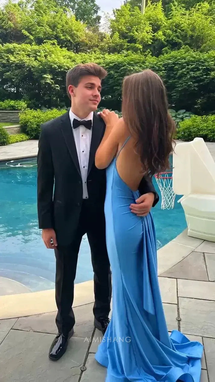 Aimishang Mermaid Blue V-neck Spaghetti Straps Backless Sleeveless Long Formal Prom Dress Sexy Evening Gowns Charming Party Graduation Dress
