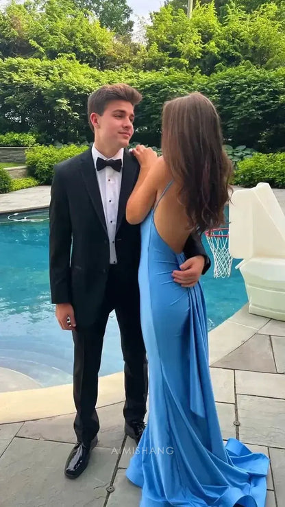Aimishang Mermaid Blue V-neck Spaghetti Straps Backless Sleeveless Long Formal Prom Dress Sexy Evening Gowns Charming Party Graduation Dress