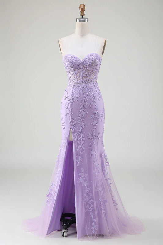 Aimishang Mermaid Evening Dress Sweetheart Strapless Sleeveless Light Purple Long Prom Dress with Slit