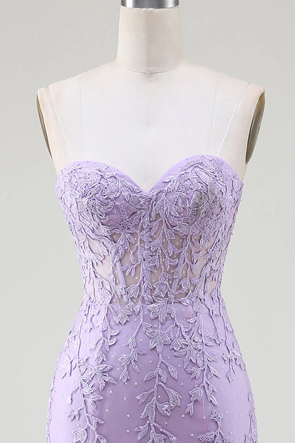 Aimishang Mermaid Evening Dress Sweetheart Strapless Sleeveless Light Purple Long Prom Dress with Slit