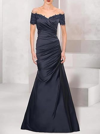 Aimishang Mermaid Mother of The Bride Dress Wedding Guest Elegant Vintage Off Shoulder V Neck Satin with Lace Ruched