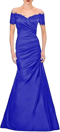 Aimishang Mermaid Mother of The Bride Dress Wedding Guest Elegant Vintage Off Shoulder V Neck Satin with Lace Ruched