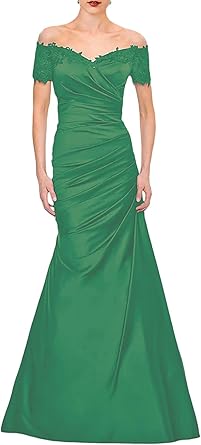 Aimishang Mermaid Mother of The Bride Dress Wedding Guest Elegant Vintage Off Shoulder V Neck Satin with Lace Ruched