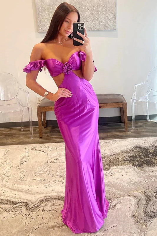 Aimishang Violet Flutter Sleeve Cutout Mermaid Off Shoulder Fitted Long Prom Dresses Charming Evening Party Dress
