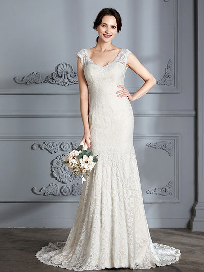 Aimishang Mermaid Sleeveless V-Neck Lace Sweep/Brush Train Wedding Dress Elegant Bridal Gown