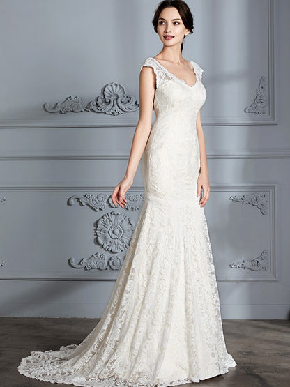 Aimishang Mermaid Sleeveless V-Neck Lace Sweep/Brush Train Wedding Dress Elegant Bridal Gown