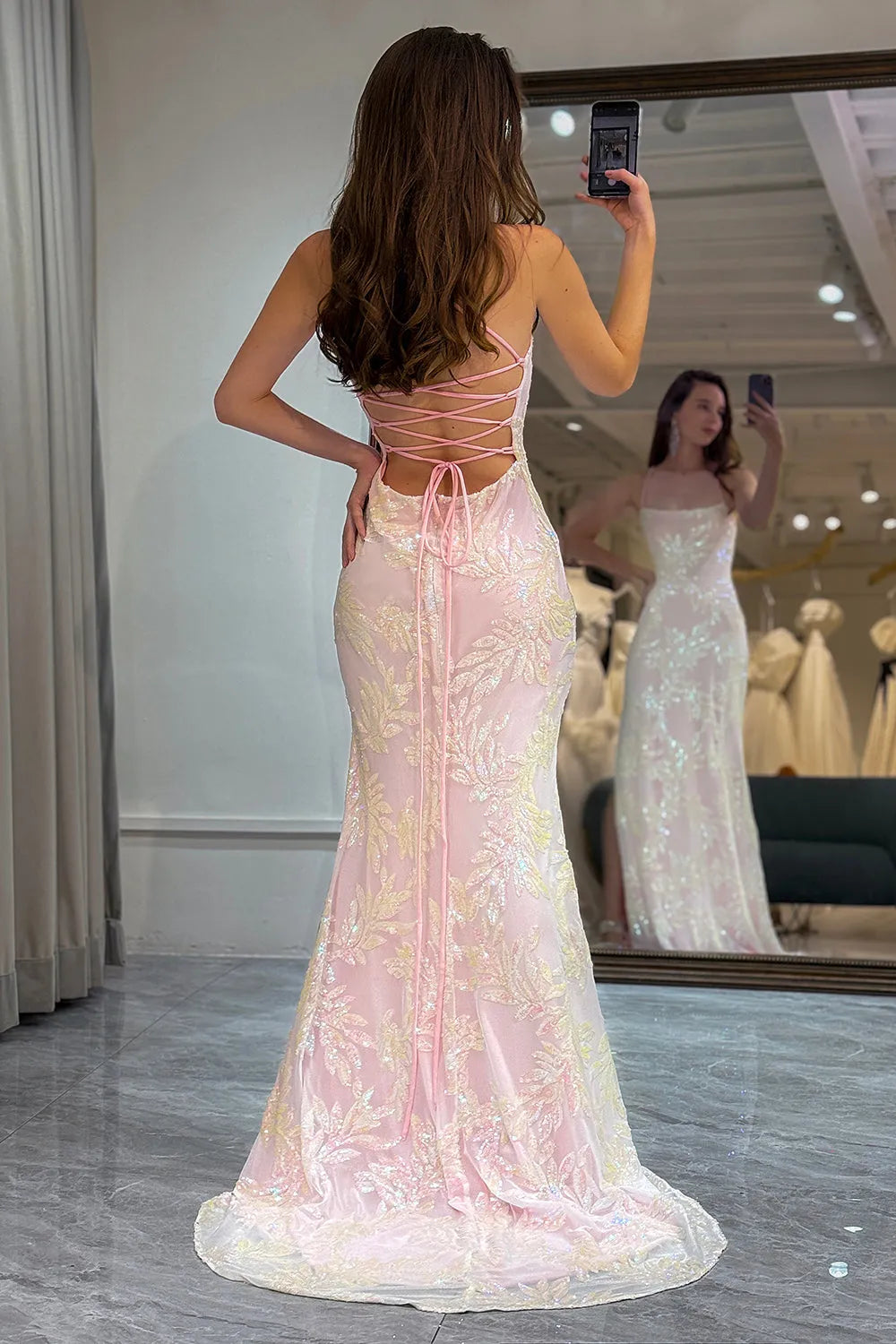 Aimishang Mermaid Spaghetti Straps Lace Up Long Prom Dress With Split Charming Evening Party Dress