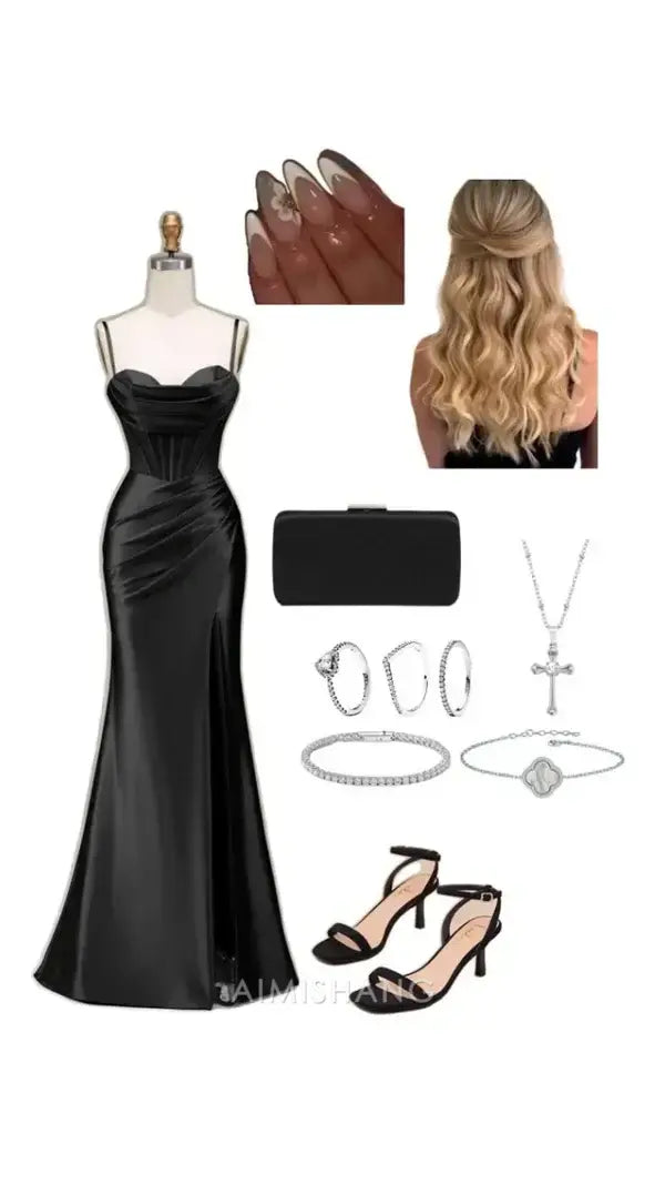 Aimishang Mermaid Spaghetti Straps Black Satin Long Formal Prom Dress With Slit Elegant Party Evening Gown Charming Graduation Dress No With Accessories