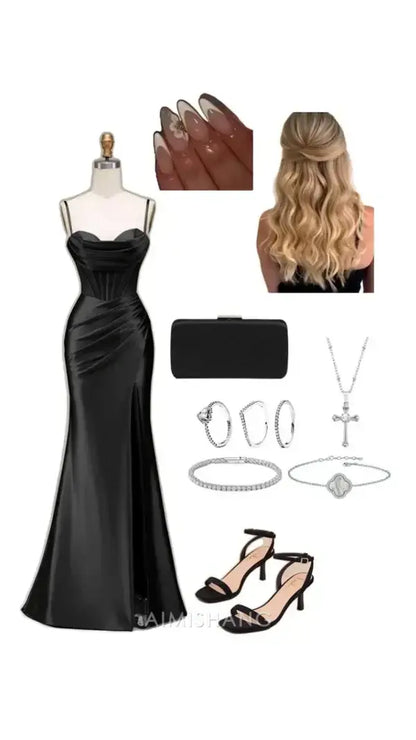 Aimishang Mermaid Spaghetti Straps Black Satin Long Formal Prom Dress With Slit Elegant Party Evening Gown Charming Graduation Dress No With Accessories