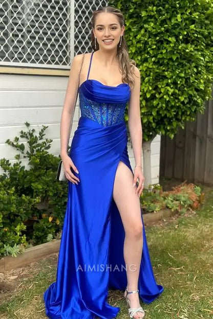 Aimishang Mermaid Spaghetti Straps Sleeveless Long Formal Prom Dress With Slit Charming Evening Gown Sexy Party Dress
