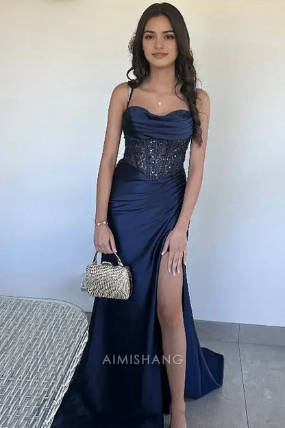 Aimishang Mermaid Spaghetti Straps Sleeveless Long Formal Prom Dress With Slit Charming Evening Gown Sexy Party Dress