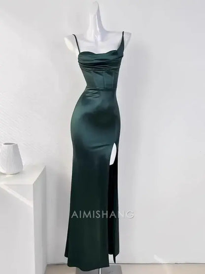 Aimishang Mermaid Spaghetti Straps Sleeveless Satin Long Formal Prom Dress With Slit Simple Party Evening Gown Elegant Graduation Dress