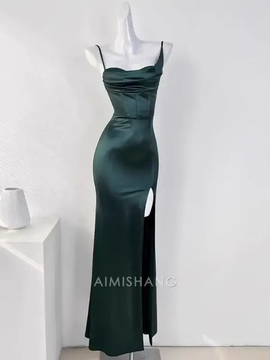Aimishang Mermaid Spaghetti Straps Sleeveless Satin Long Formal Prom Dress With Slit Simple Party Evening Gown Elegant Graduation Dress