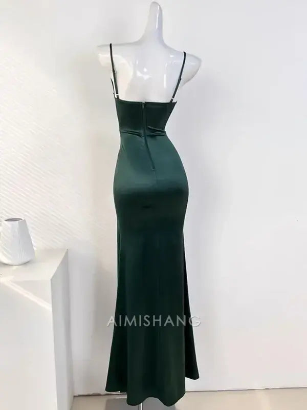 Aimishang Mermaid Spaghetti Straps Sleeveless Satin Long Formal Prom Dress With Slit Simple Party Evening Gown Elegant Graduation Dress