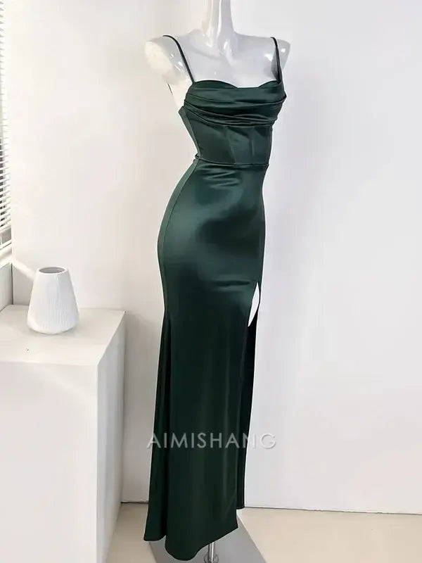 Aimishang Mermaid Spaghetti Straps Sleeveless Satin Long Formal Prom Dress With Slit Simple Party Evening Gown Elegant Graduation Dress