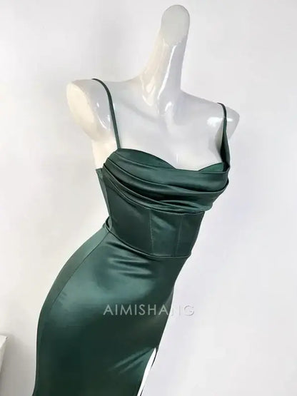 Aimishang Mermaid Spaghetti Straps Sleeveless Satin Long Formal Prom Dress With Slit Simple Party Evening Gown Elegant Graduation Dress