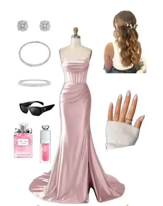 Aimishang Mermaid Strapless Pleated Sleeveless Satin Long Formal Prom Dress Elegant Party Evening Gown Charming Graduation Dress No With Accessories